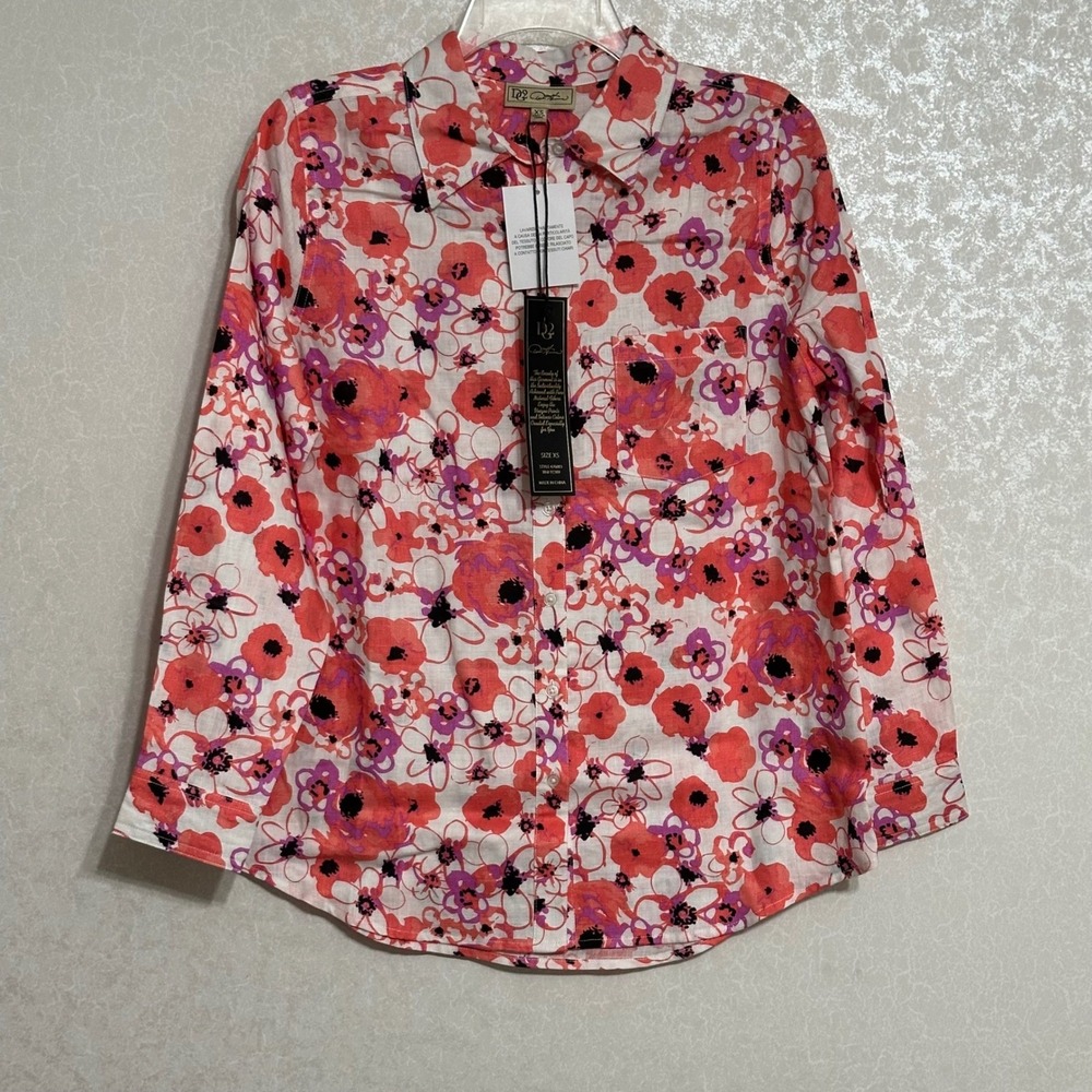 DG2 Diane Gillman NWT Floral Print 100% Linen Long Sleeve Shirt Top Blouse M / L